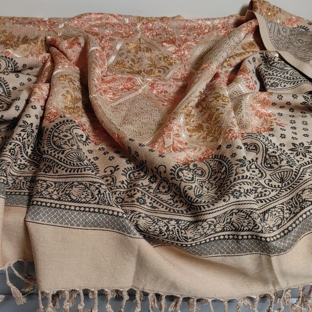 Roop Sari Palace Kashmiri Shawl Tan - Picture 6 of 16